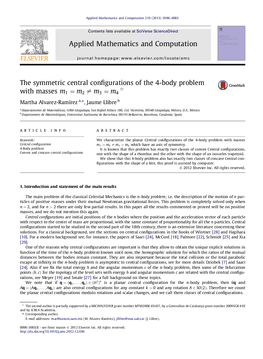 The symmetric central configurations of the 4-body problem with masses m1=m2≠m3=m4 