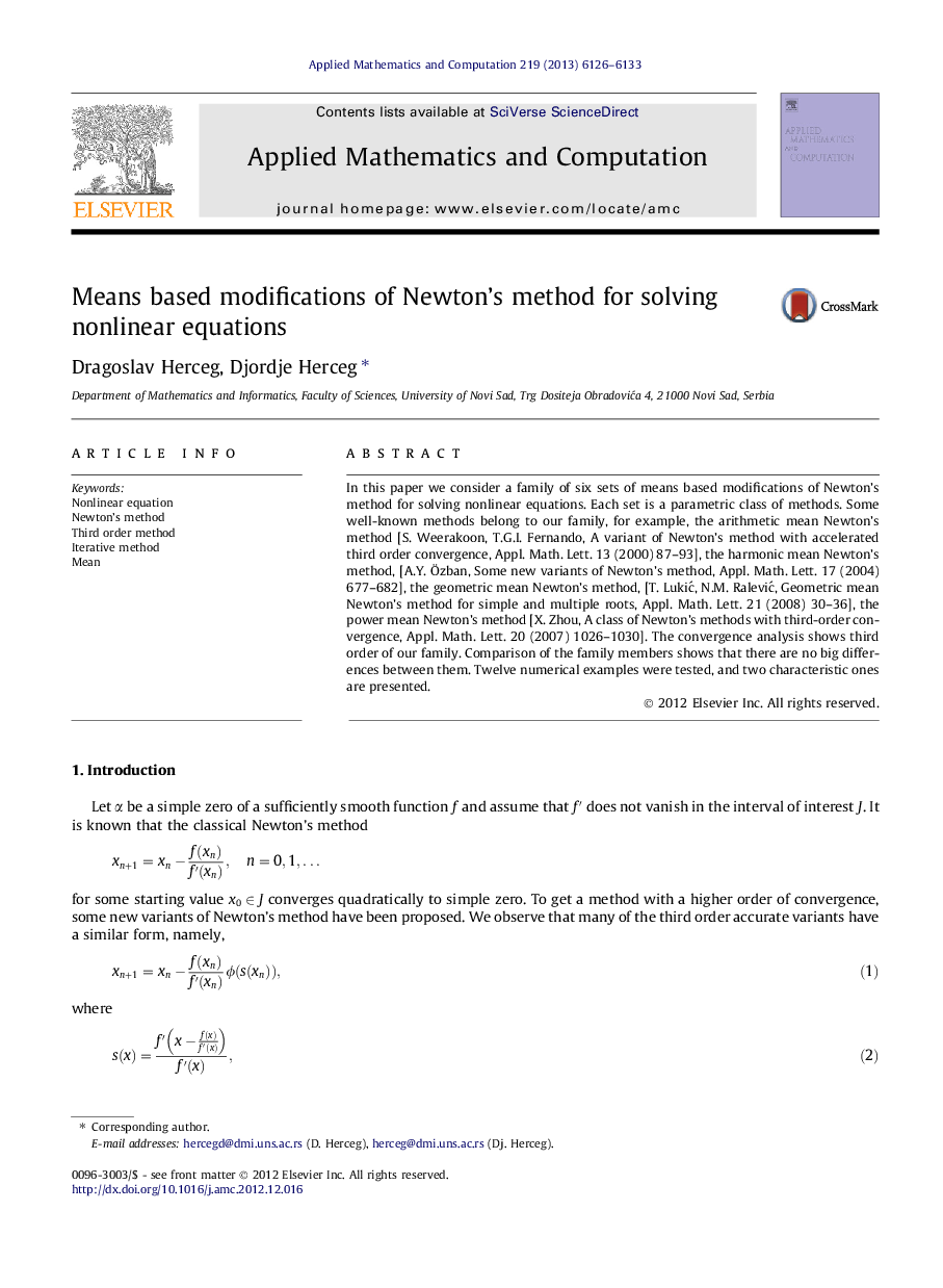 Means based modifications of Newton’s method for solving nonlinear equations