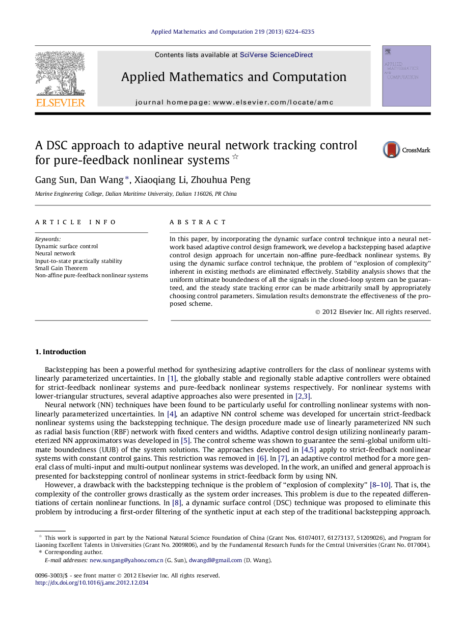 A DSC approach to adaptive neural network tracking control for pure-feedback nonlinear systems 