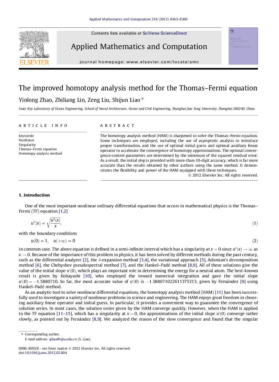 The improved homotopy analysis method for the Thomas–Fermi equation