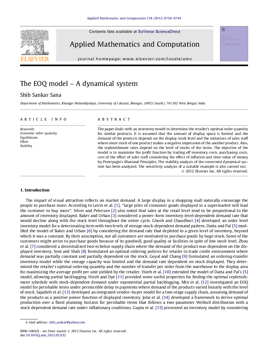 عکس صفحه اول مقاله: The EOQ model – A dynamical system The EOQ model – A dynamical system