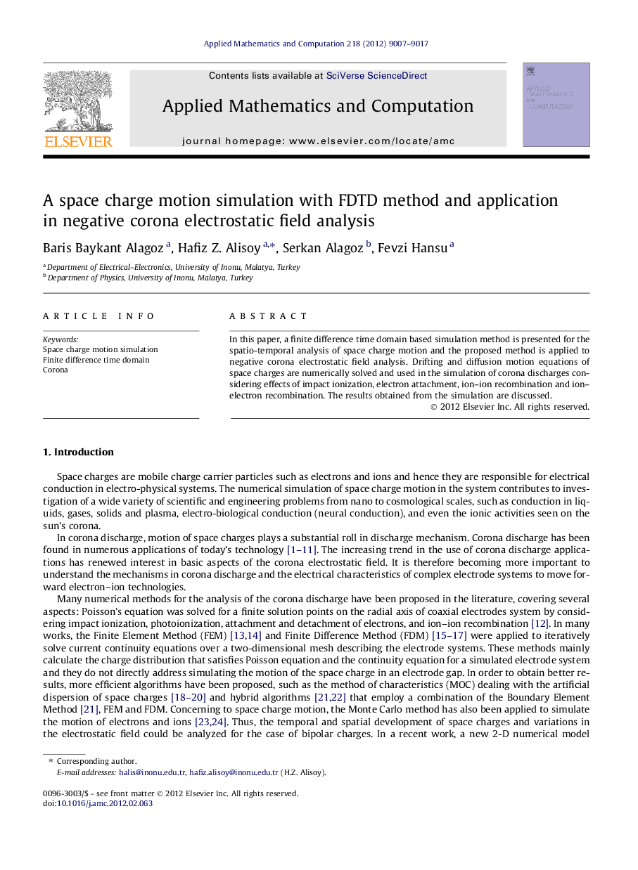 A space charge motion simulation with FDTD method and application in negative corona electrostatic field analysis