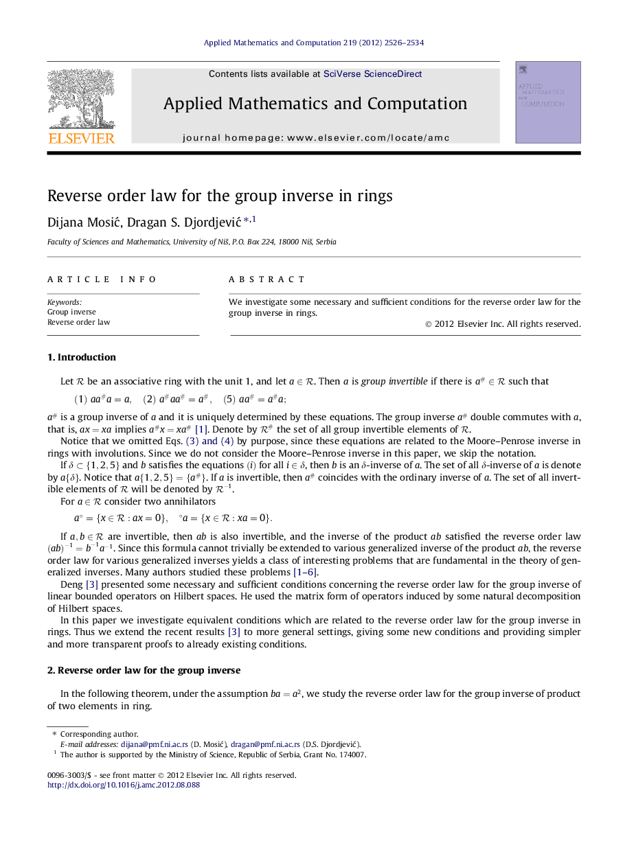 Reverse order law for the group inverse in rings