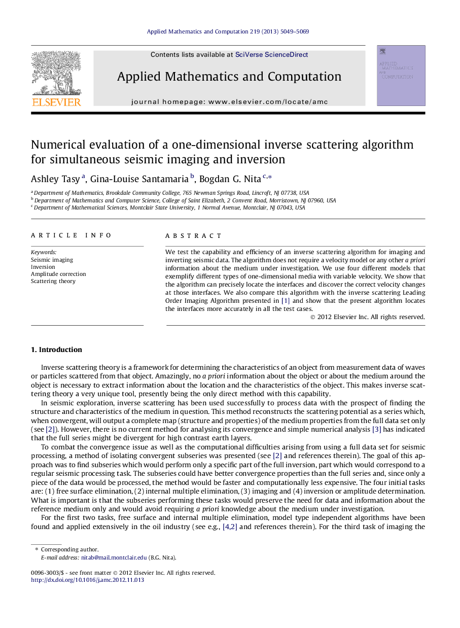 Numerical evaluation of a one-dimensional inverse scattering algorithm for simultaneous seismic imaging and inversion