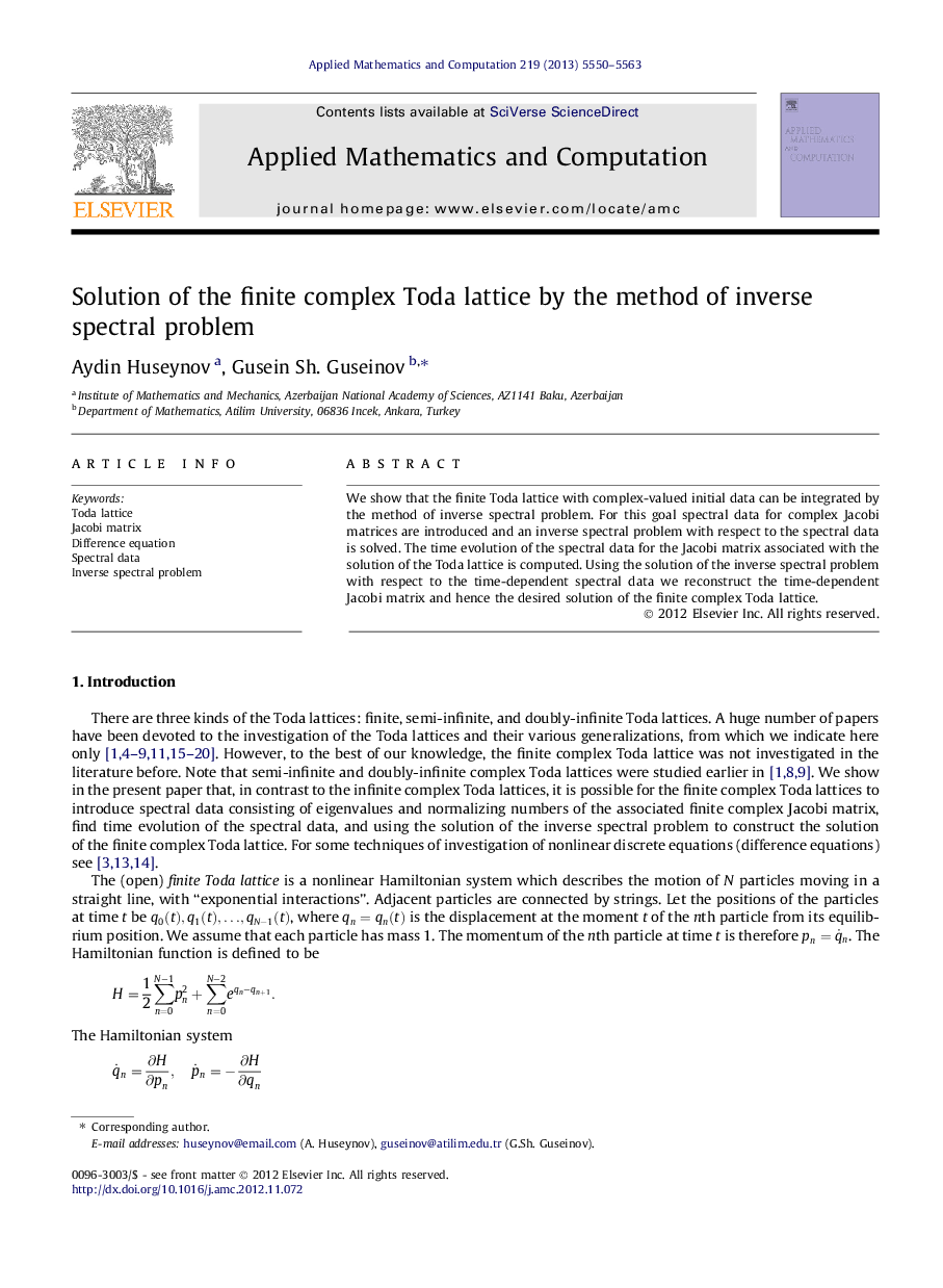 Solution of the finite complex Toda lattice by the method of inverse spectral problem