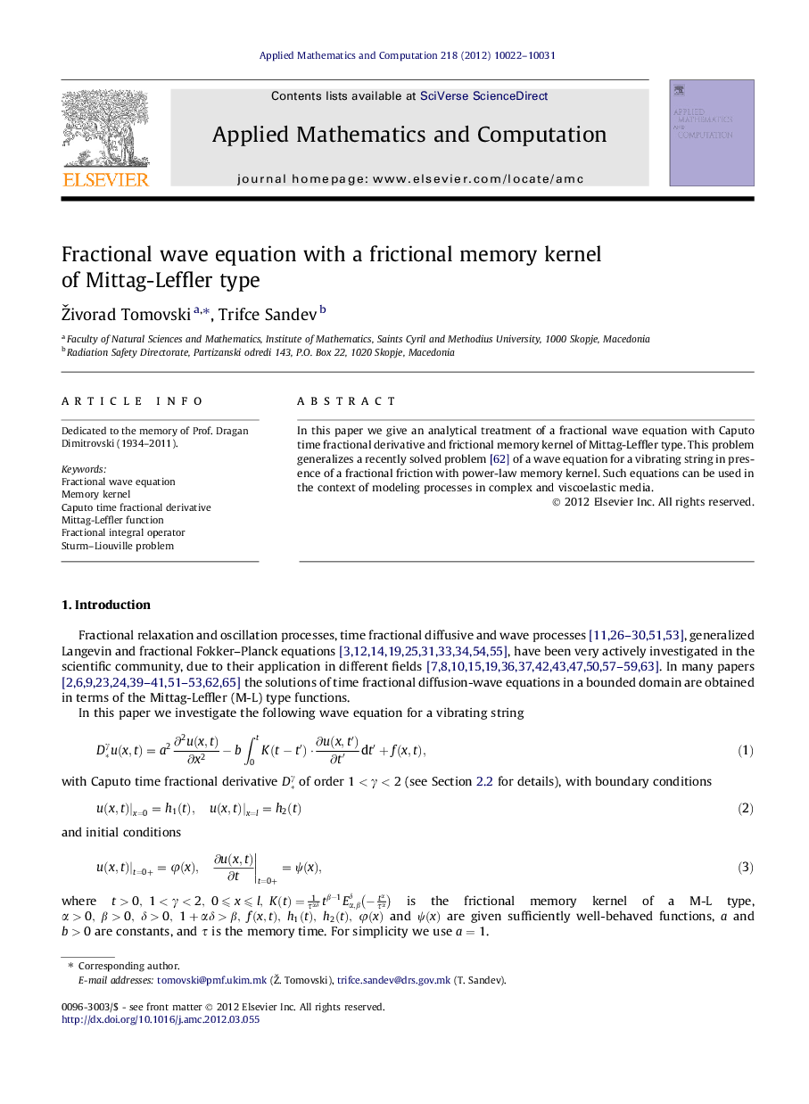 Fractional wave equation with a frictional memory kernel of Mittag-Leffler type