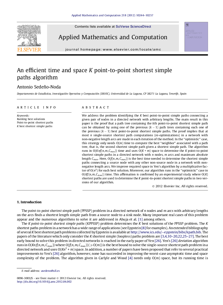An efficient time and space K point-to-point shortest simple paths algorithm