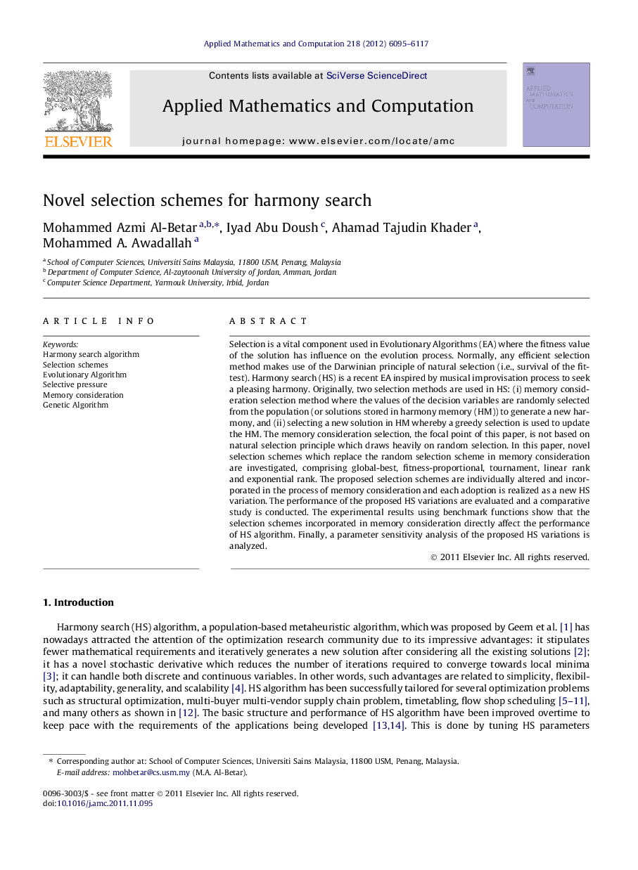 Novel selection schemes for harmony search