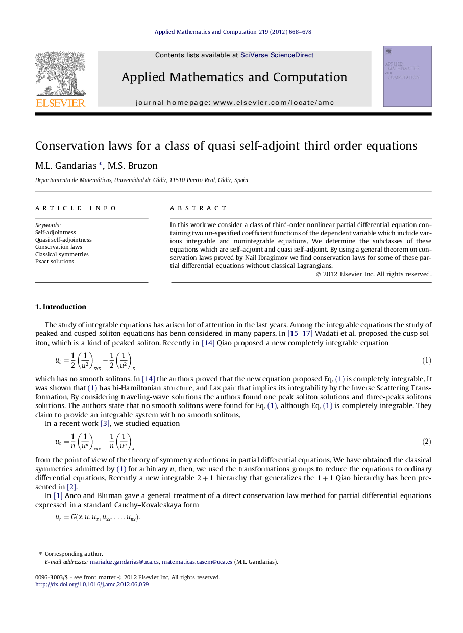 Conservation laws for a class of quasi self-adjoint third order equations