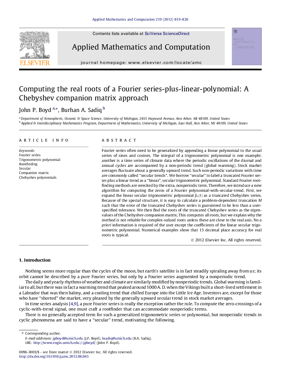 Computing the real roots of a Fourier series-plus-linear-polynomial: A Chebyshev companion matrix approach