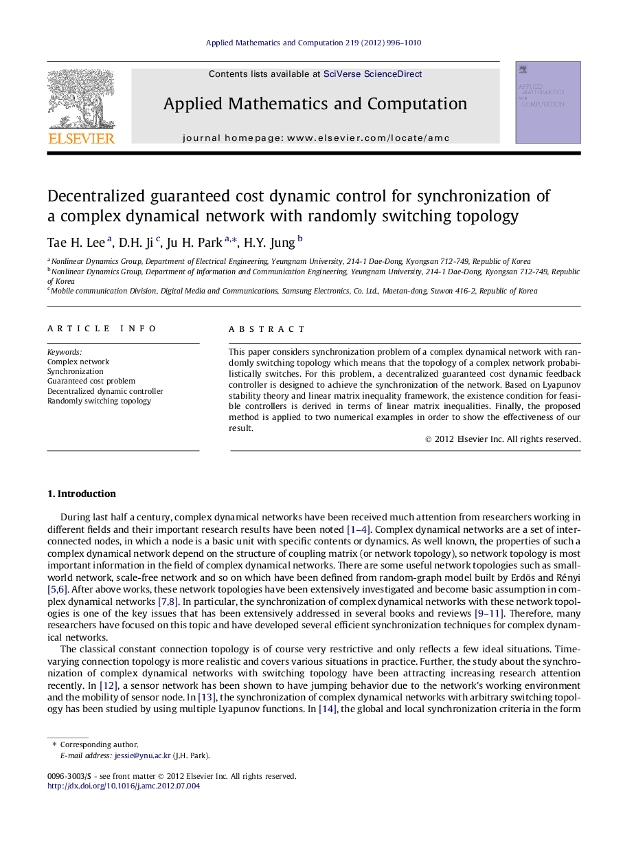 Decentralized guaranteed cost dynamic control for synchronization of a complex dynamical network with randomly switching topology