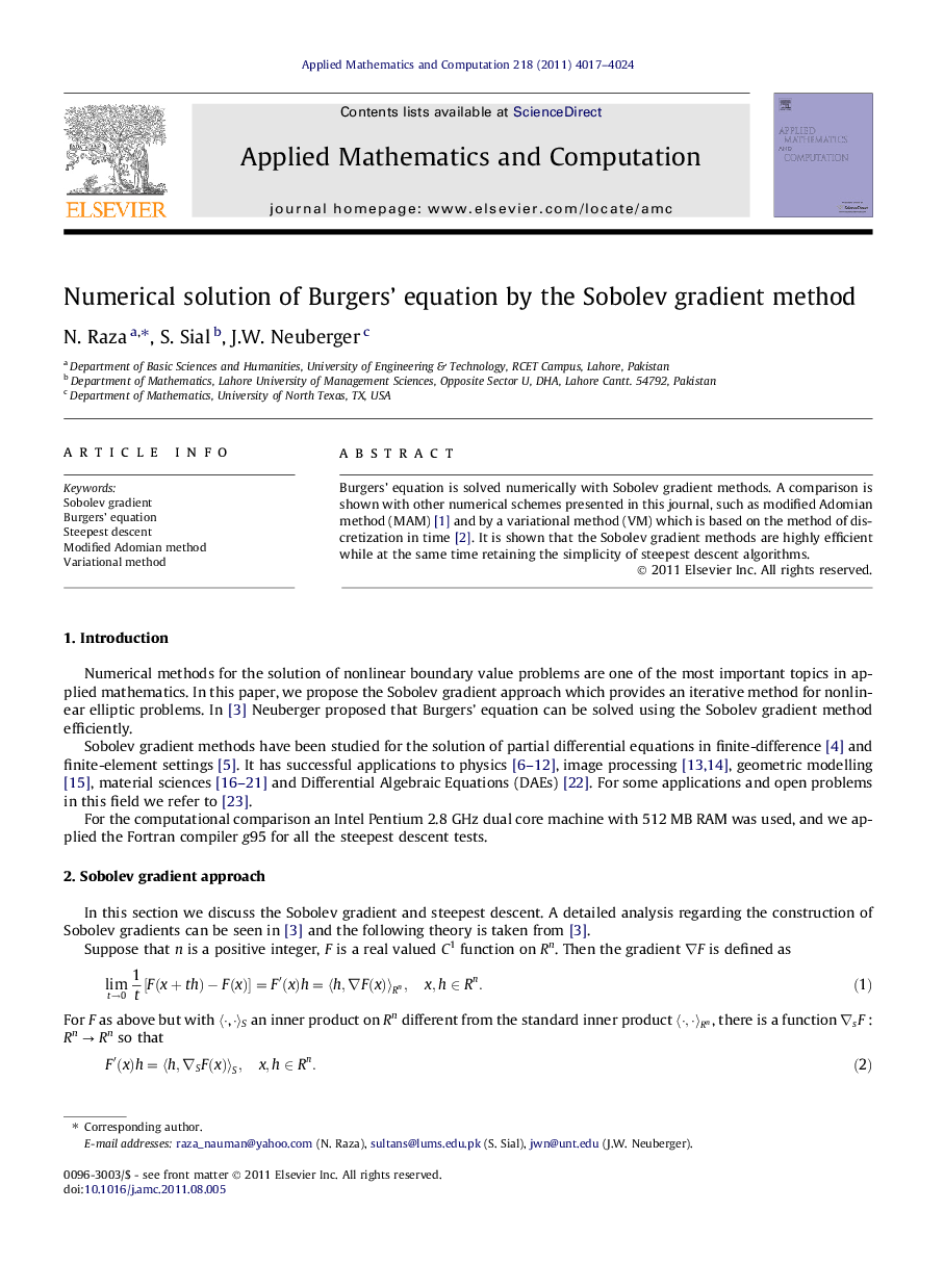 Numerical solution of Burgers' equation by the Sobolev gradient method