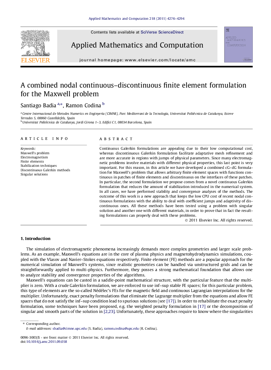 A combined nodal continuous–discontinuous finite element formulation for the Maxwell problem