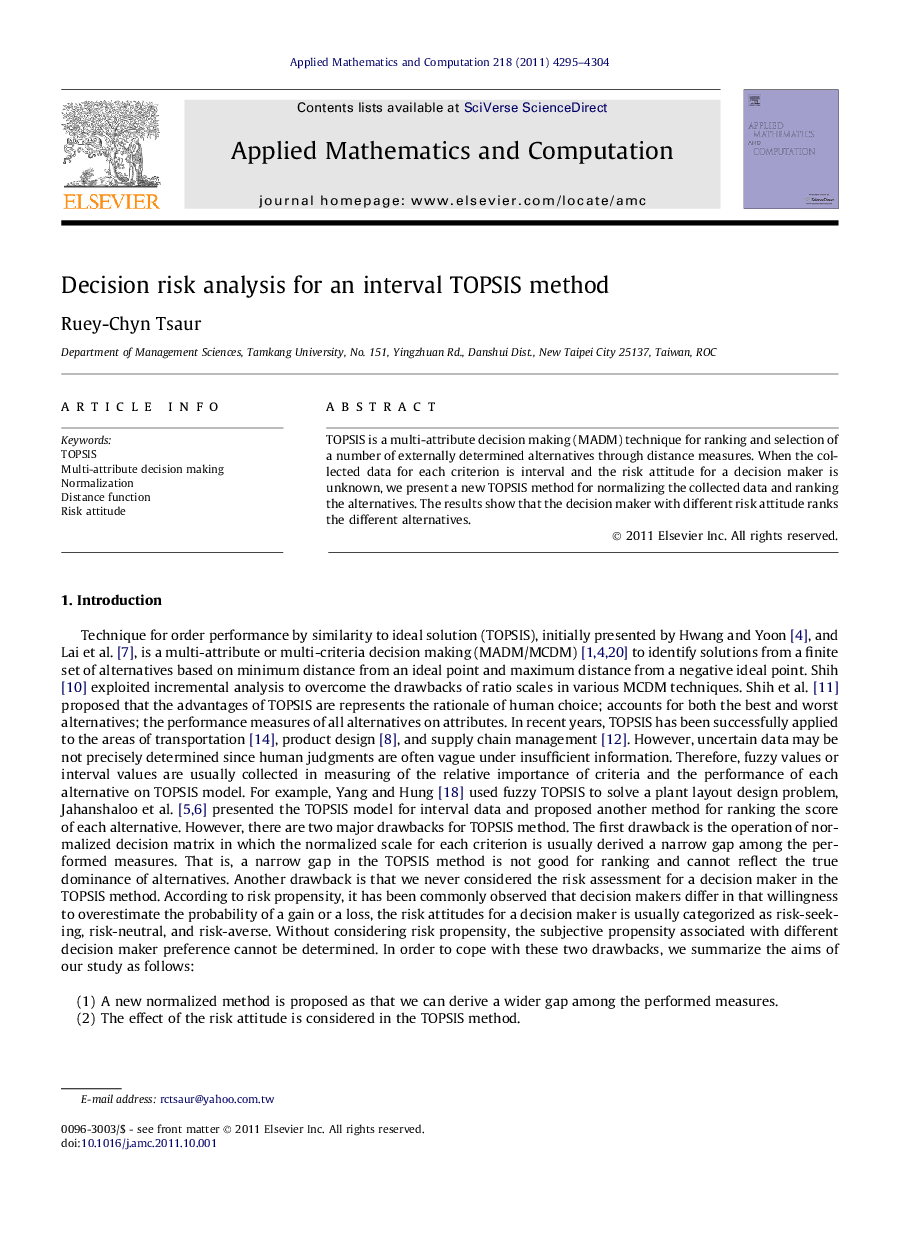 Decision risk analysis for an interval TOPSIS method