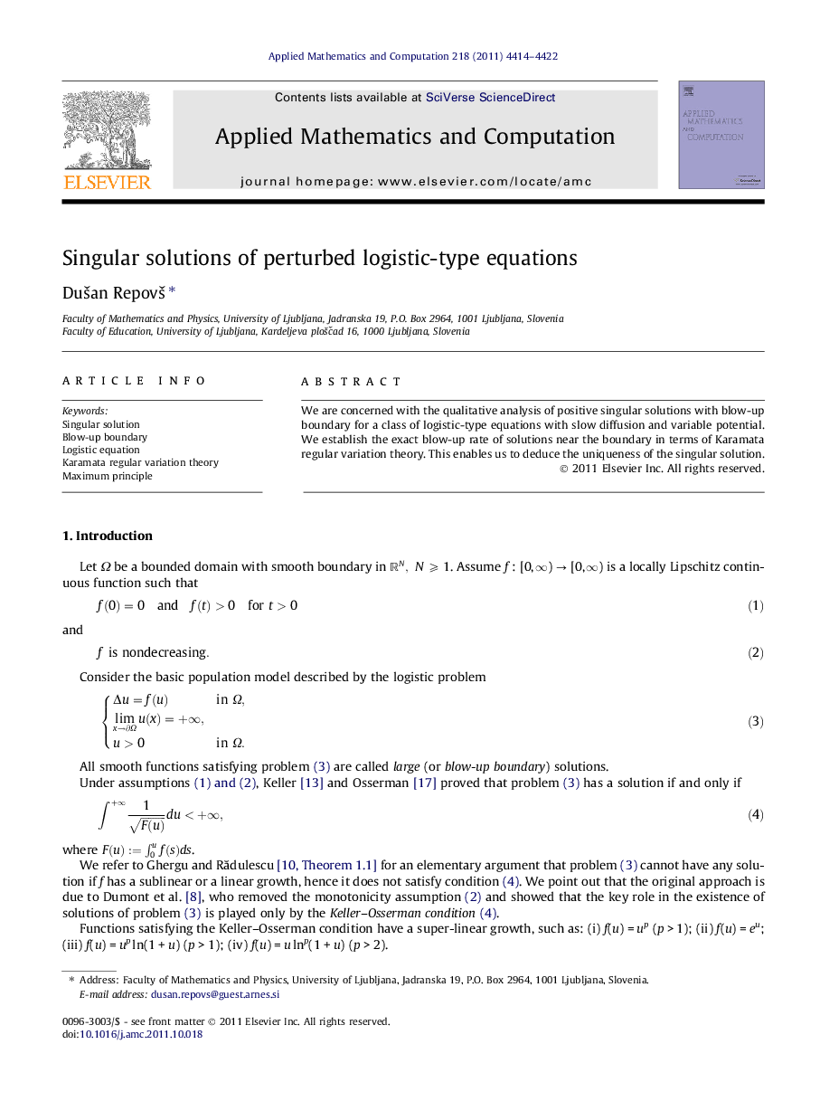 Singular solutions of perturbed logistic-type equations