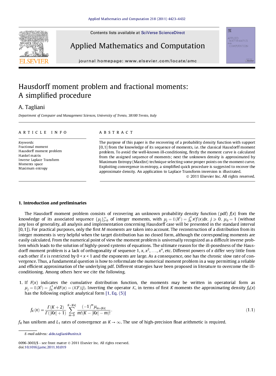 Hausdorff moment problem and fractional moments: A simplified procedure