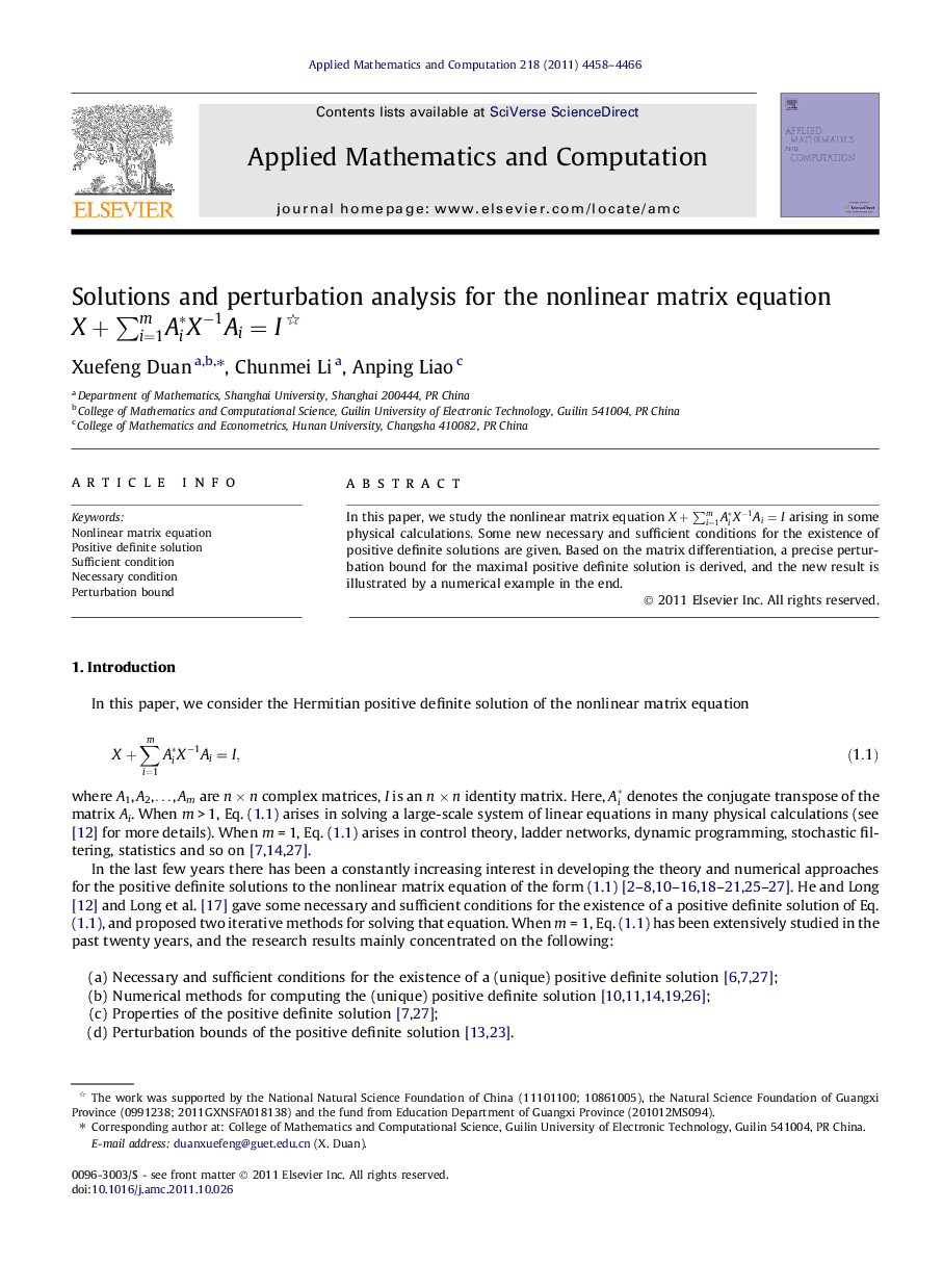 Solutions and perturbation analysis for the nonlinear matrix equation X+∑i=1mAi∗X-1Ai=I 