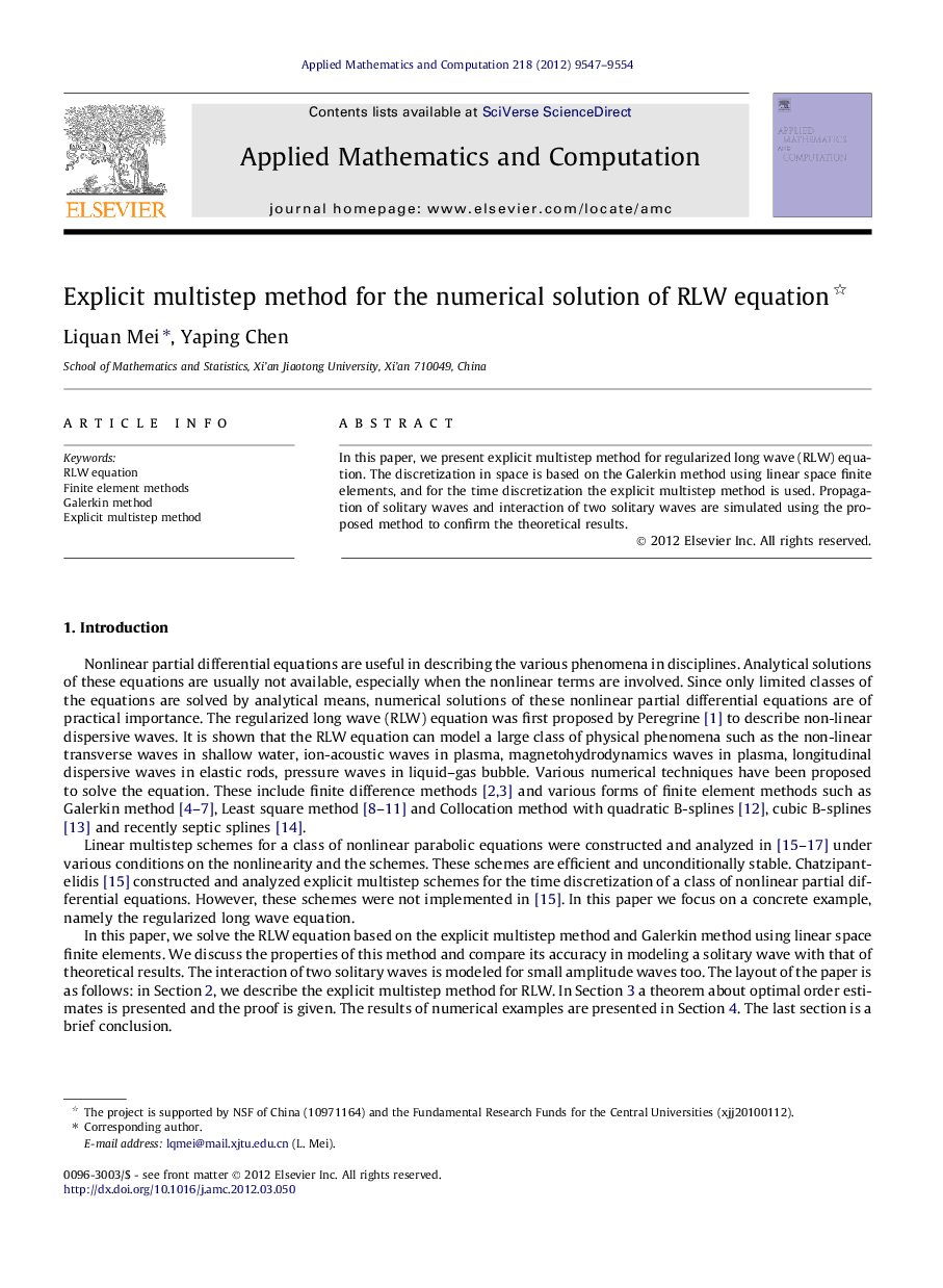 Explicit multistep method for the numerical solution of RLW equation 