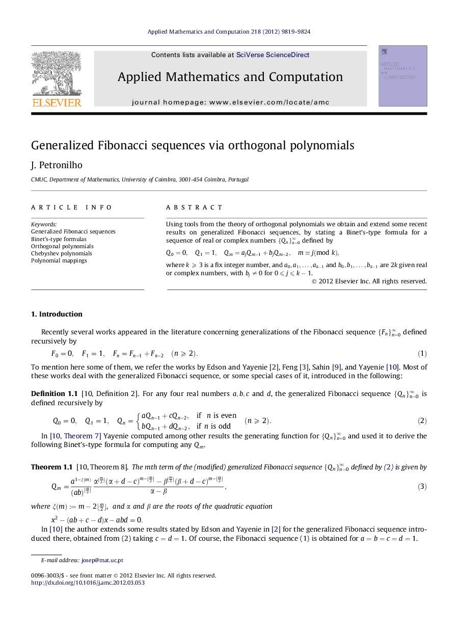 Generalized Fibonacci sequences via orthogonal polynomials