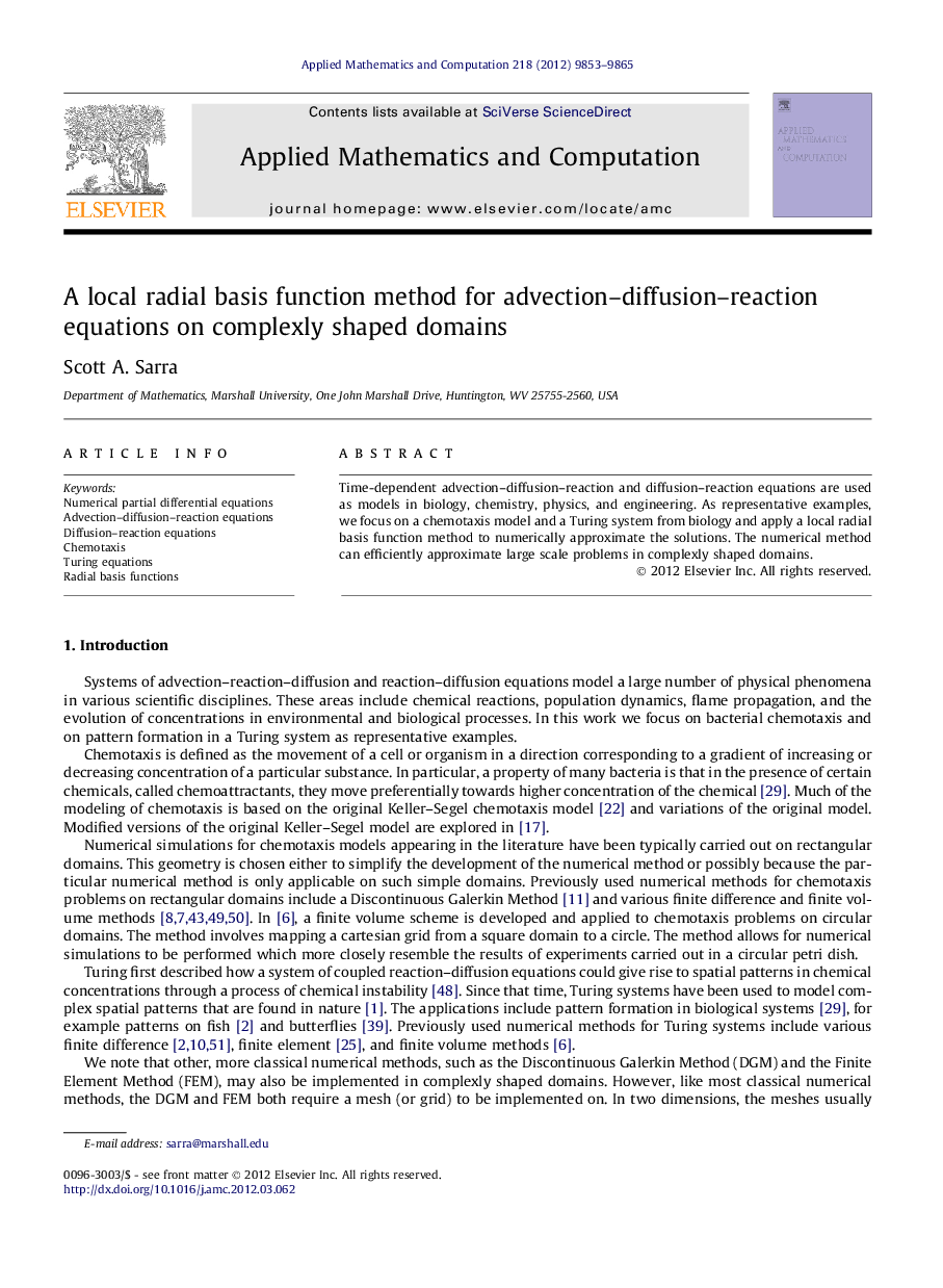 A local radial basis function method for advection–diffusion–reaction equations on complexly shaped domains