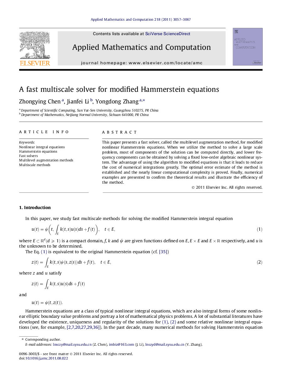 A fast multiscale solver for modified Hammerstein equations