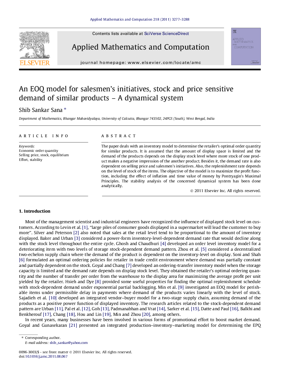 An EOQ model for salesmen’s initiatives, stock and price sensitive demand of similar products – A dynamical system