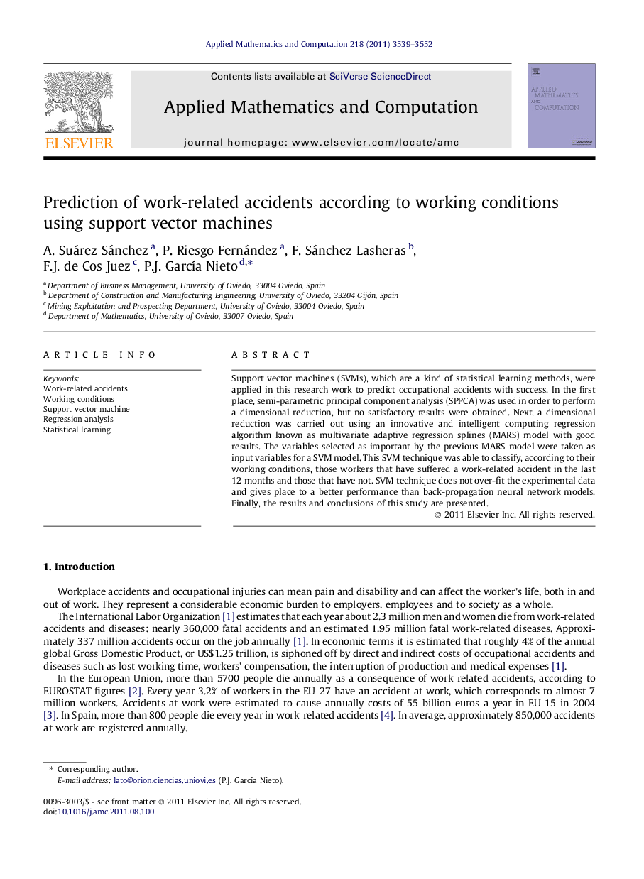 Prediction of work-related accidents according to working conditions using support vector machines