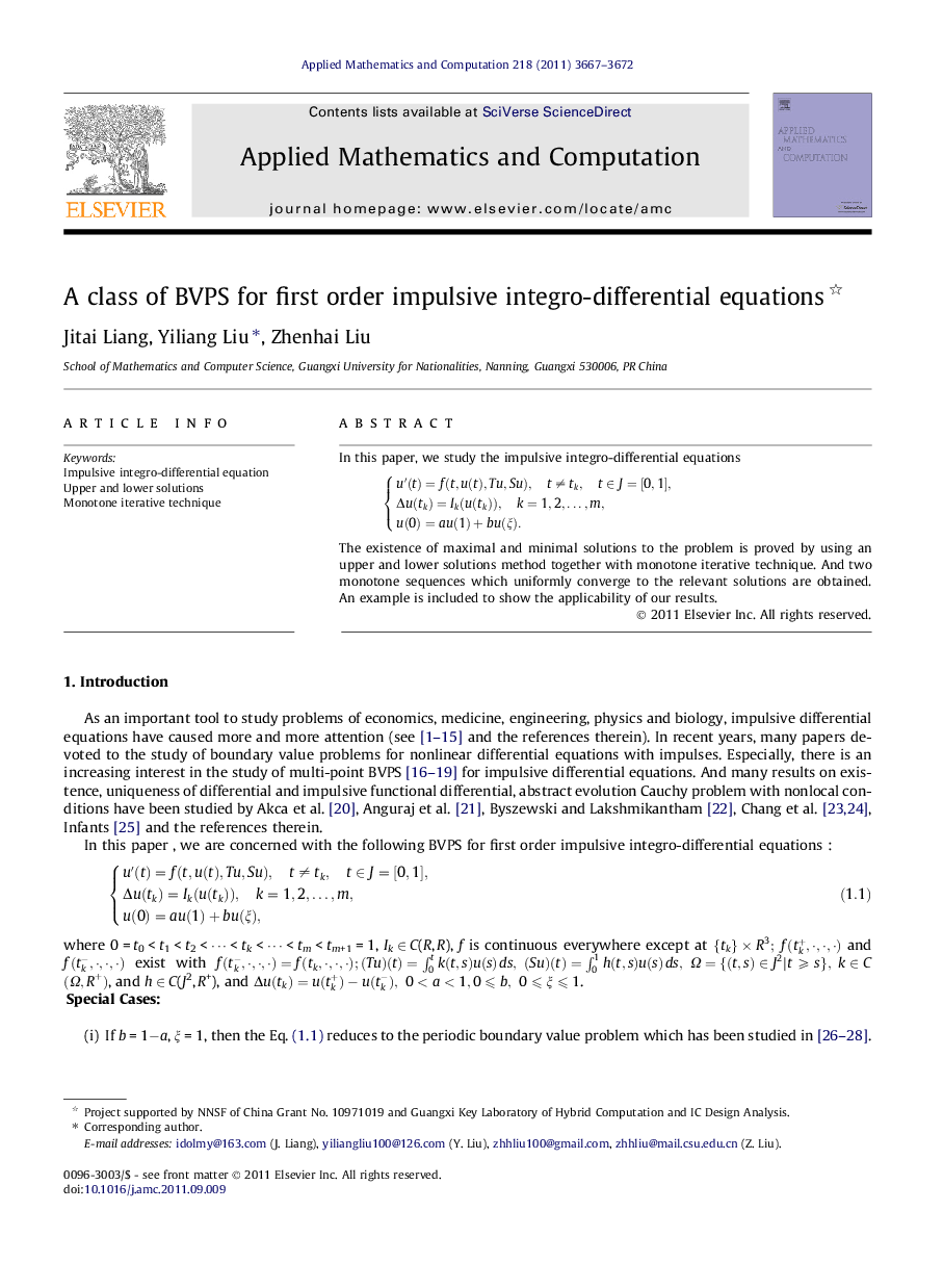 A class of BVPS for first order impulsive integro-differential equations 