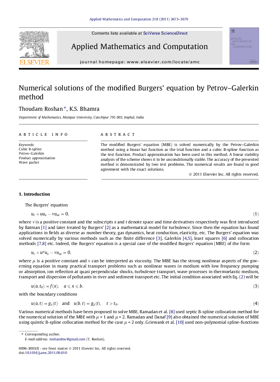 Numerical solutions of the modified Burgers’ equation by Petrov–Galerkin method