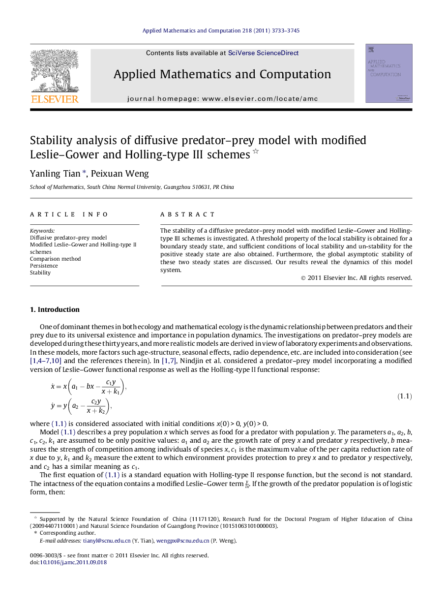 Stability analysis of diffusive predator–prey model with modified Leslie–Gower and Holling-type III schemes 