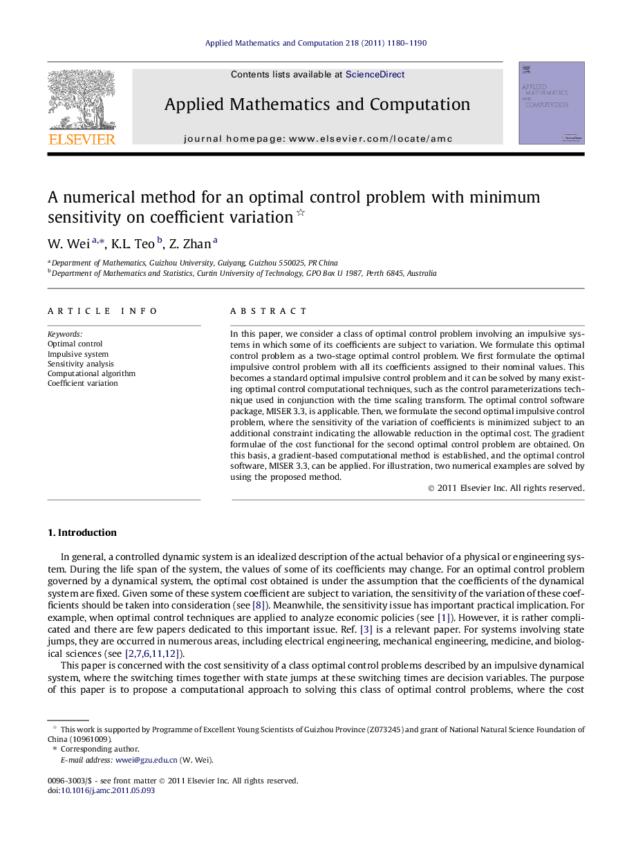 A numerical method for an optimal control problem with minimum sensitivity on coefficient variation 