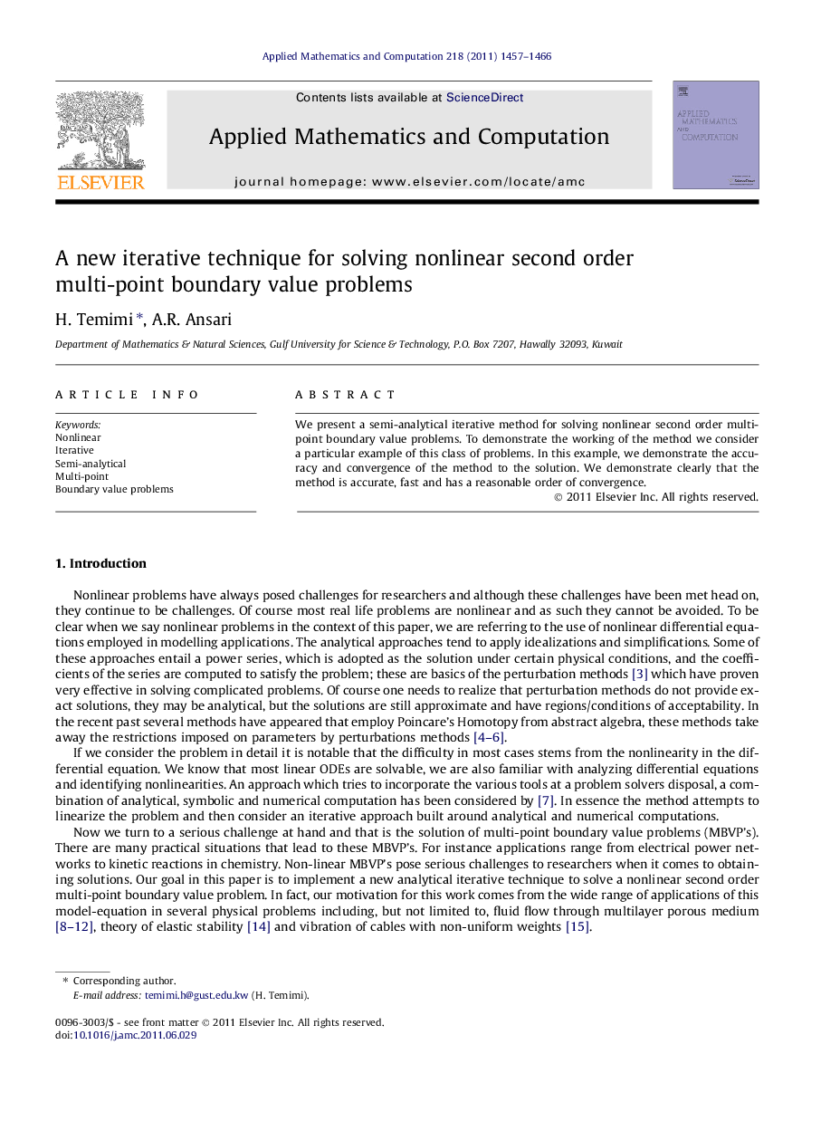 A new iterative technique for solving nonlinear second order multi-point boundary value problems