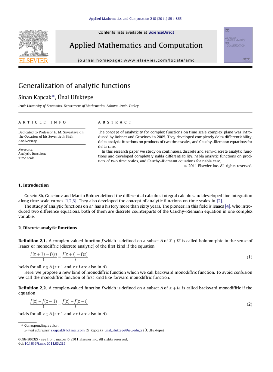 Generalization of analytic functions