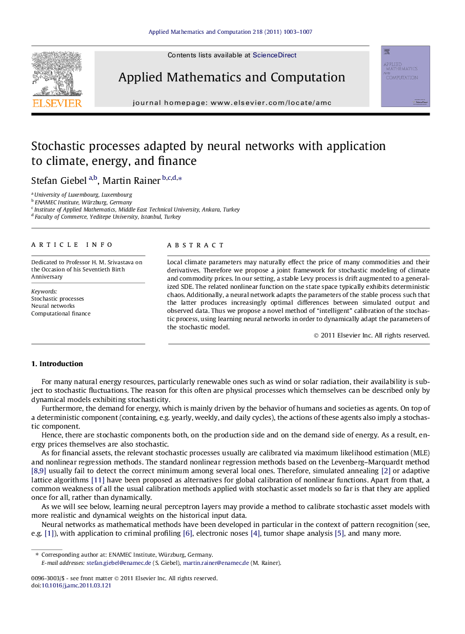 Stochastic processes adapted by neural networks with application to climate, energy, and finance