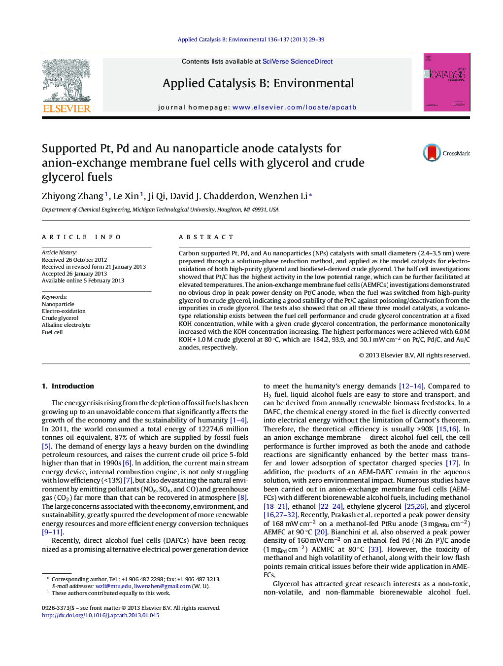 Supported Pt, Pd and Au nanoparticle anode catalysts for anion-exchange membrane fuel cells with glycerol and crude glycerol fuels