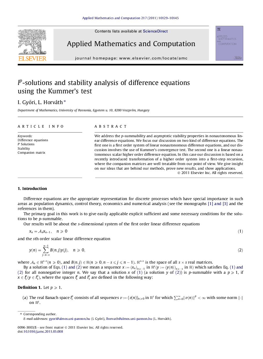 lp-solutions and stability analysis of difference equations using the Kummer’s test