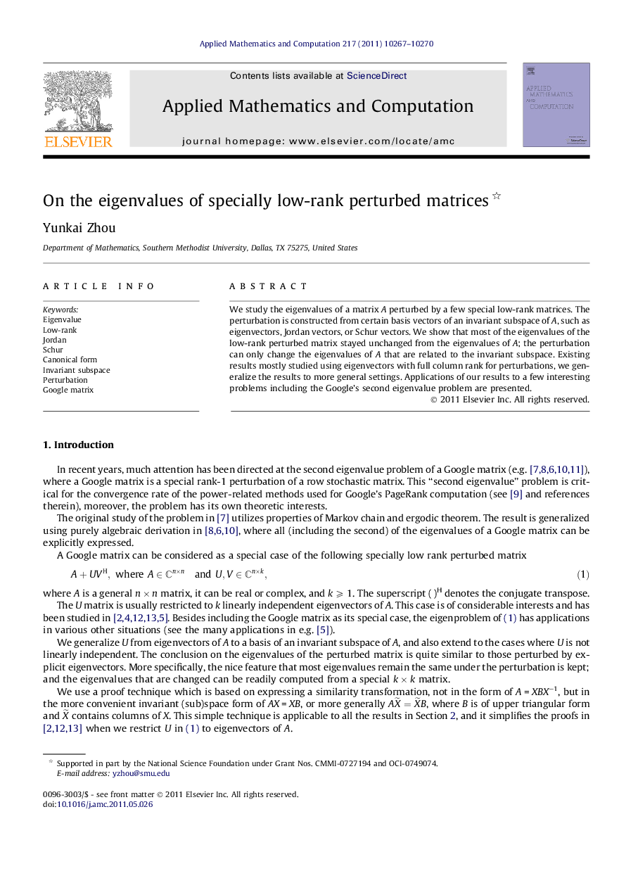 On the eigenvalues of specially low-rank perturbed matrices 