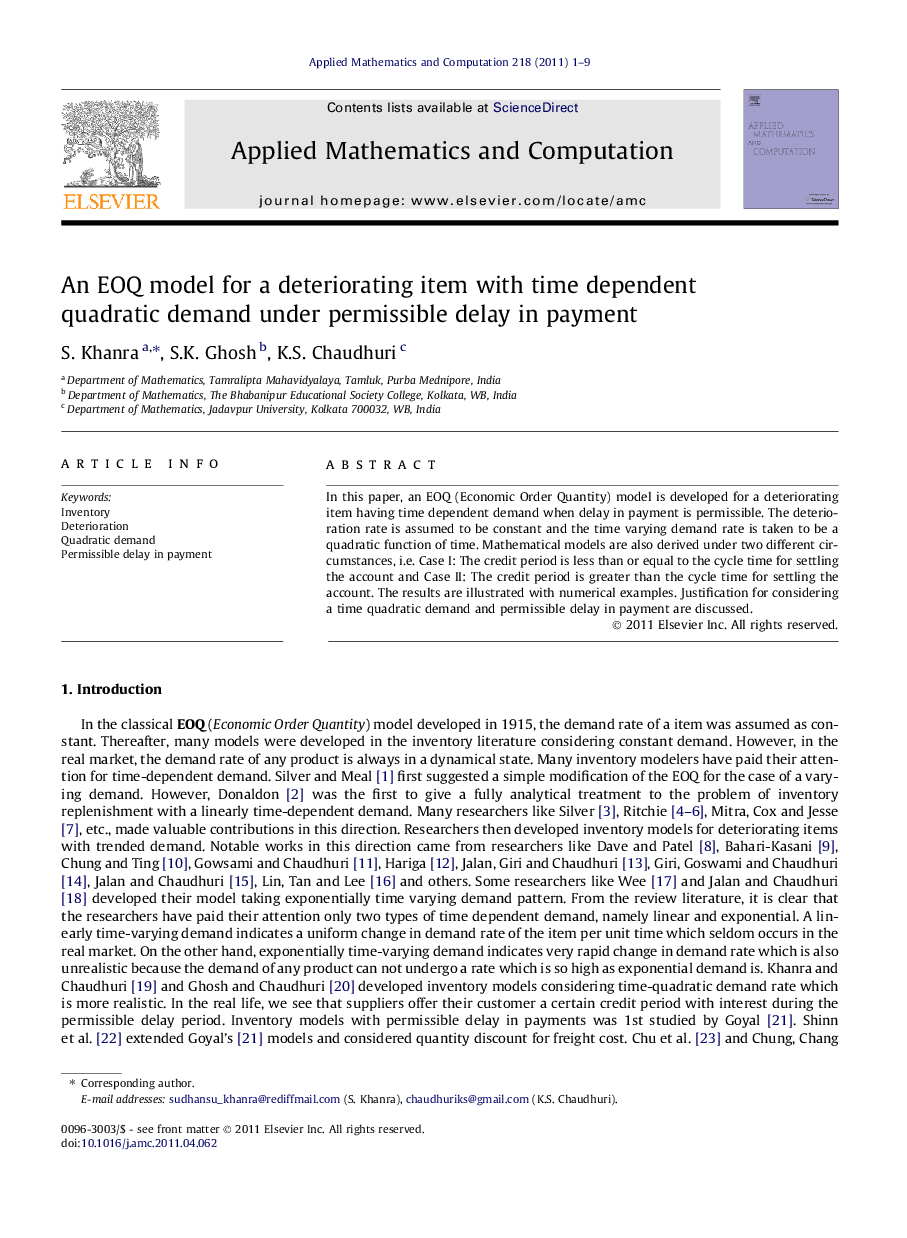 An EOQ model for a deteriorating item with time dependent quadratic demand under permissible delay in payment