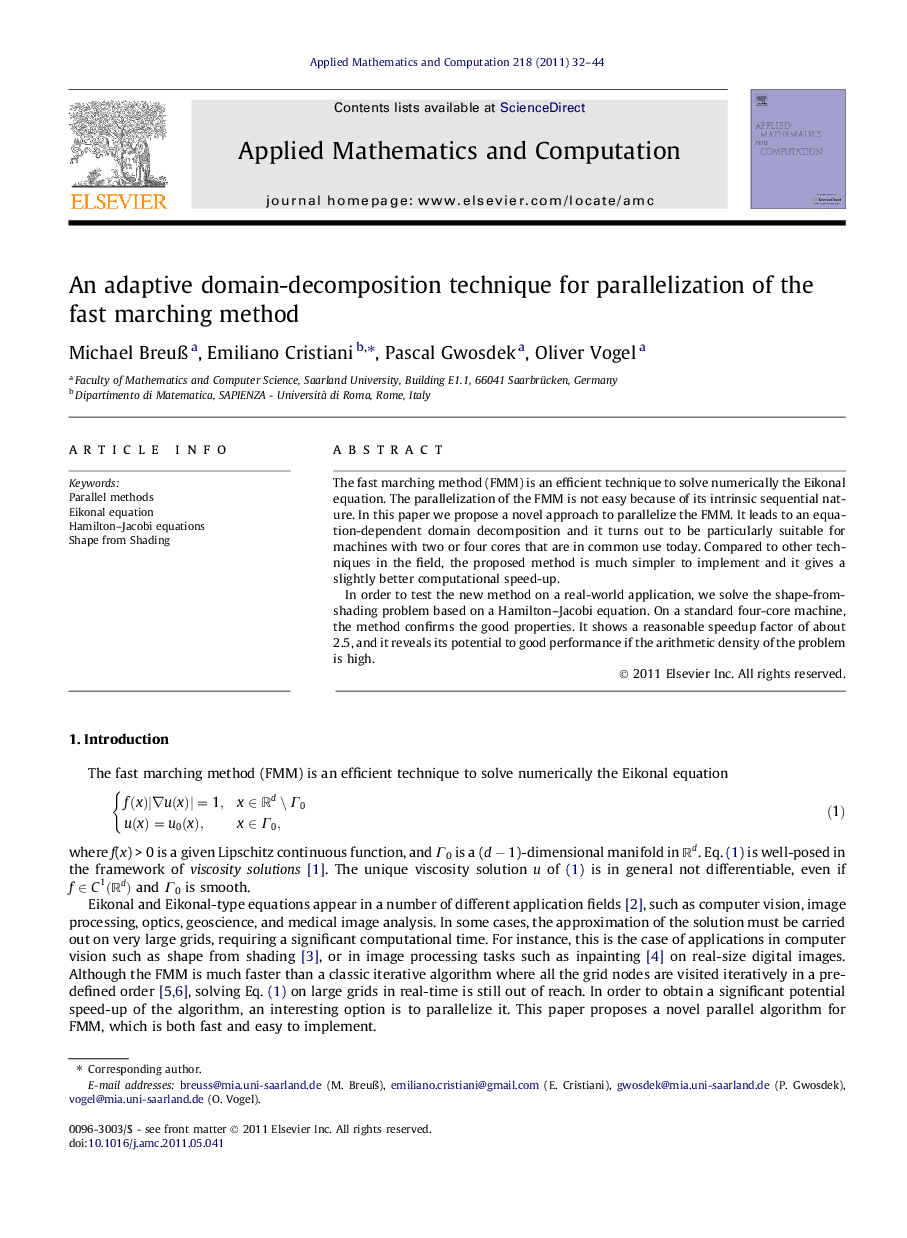 An adaptive domain-decomposition technique for parallelization of the fast marching method