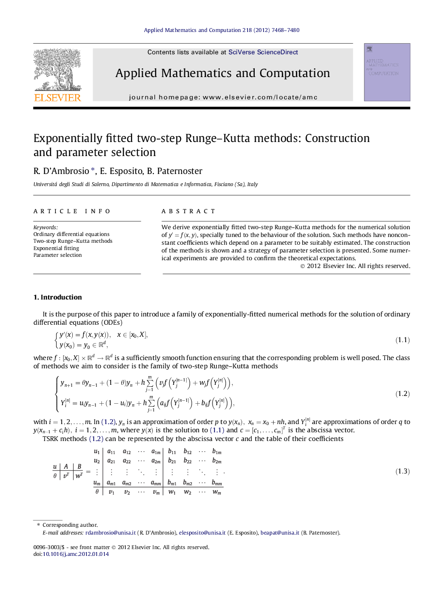 Exponentially fitted two-step Runge–Kutta methods: Construction and parameter selection