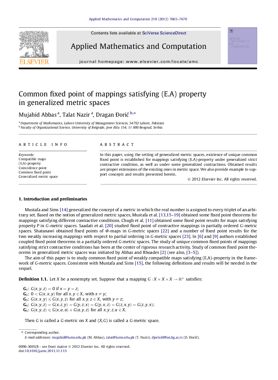 Common fixed point of mappings satisfying (E.A) property in generalized metric spaces