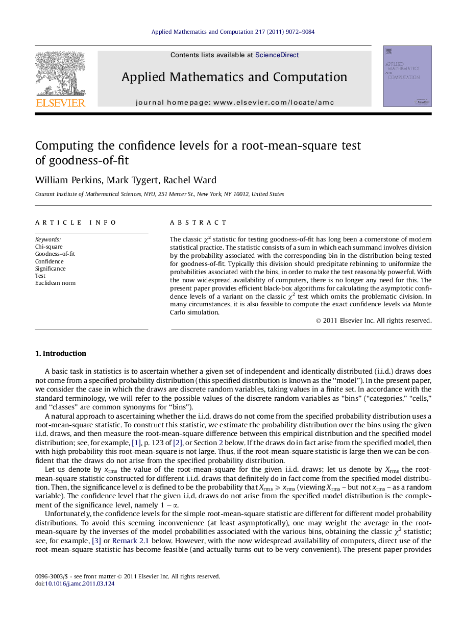 Computing the confidence levels for a root-mean-square test of goodness-of-fit