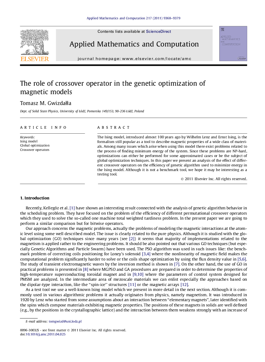 The role of crossover operator in the genetic optimization of magnetic models