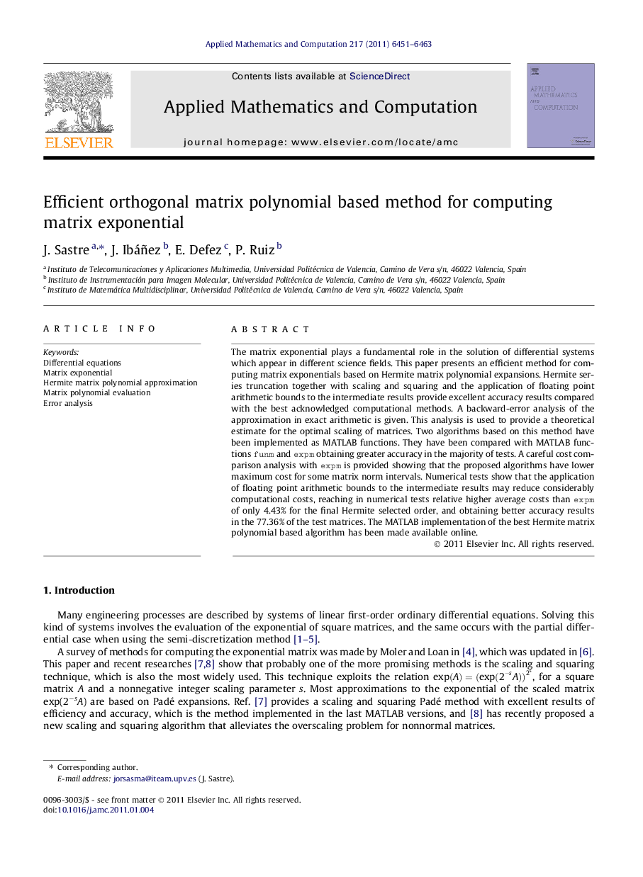 Efficient orthogonal matrix polynomial based method for computing matrix exponential