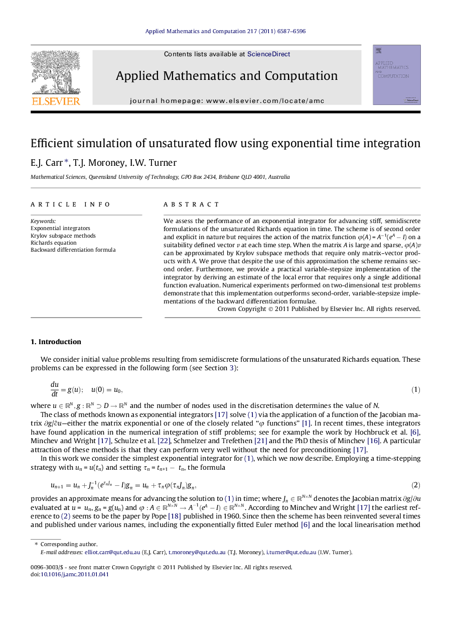 Efficient simulation of unsaturated flow using exponential time integration