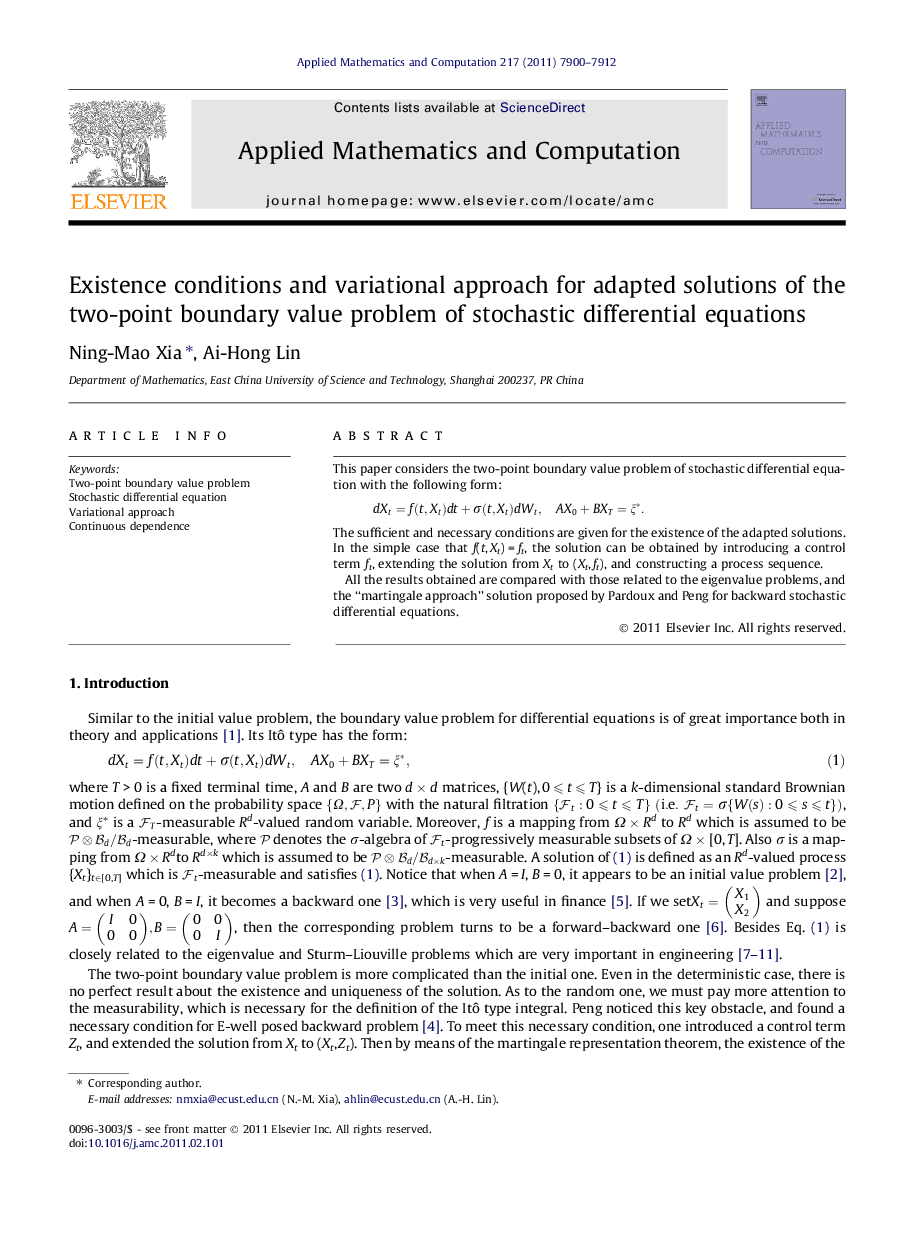 Existence conditions and variational approach for adapted solutions of the two-point boundary value problem of stochastic differential equations