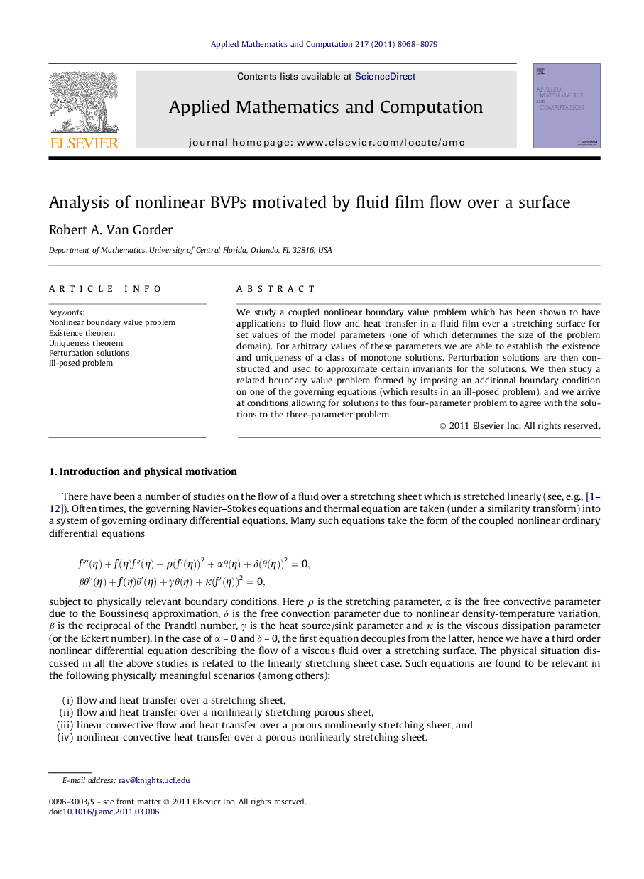 Analysis of nonlinear BVPs motivated by fluid film flow over a surface