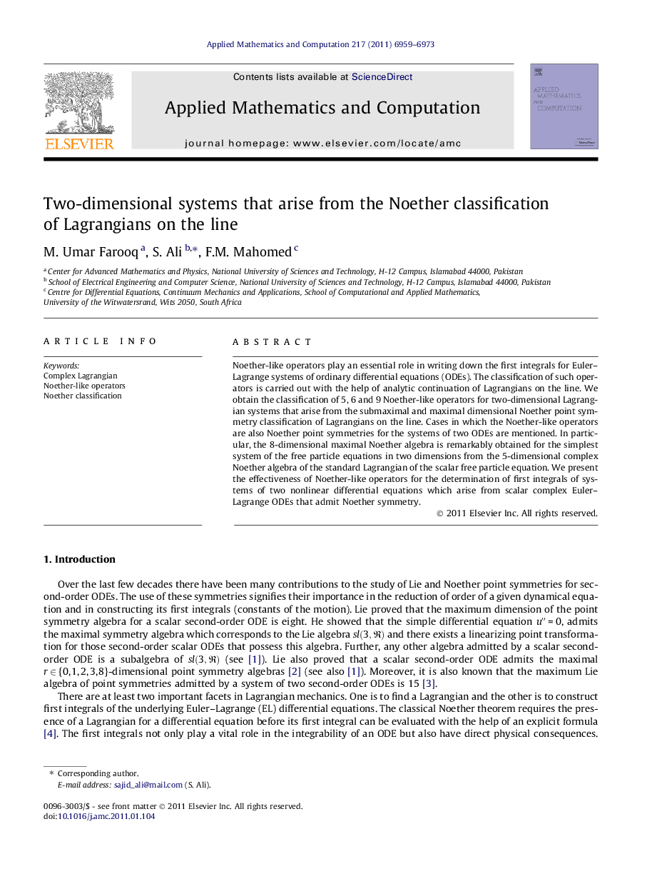 Two-dimensional systems that arise from the Noether classification of Lagrangians on the line