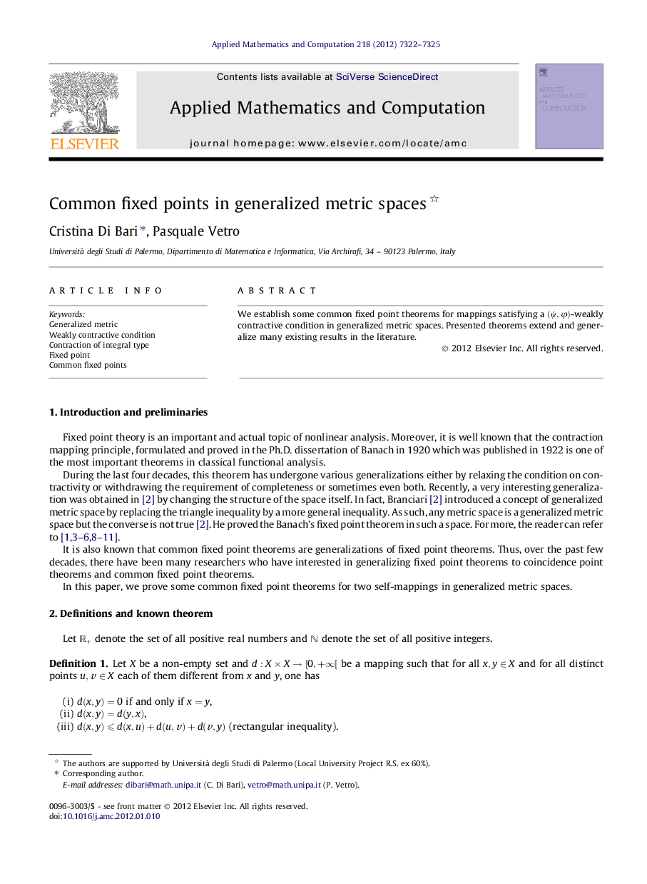 Common fixed points in generalized metric spaces 