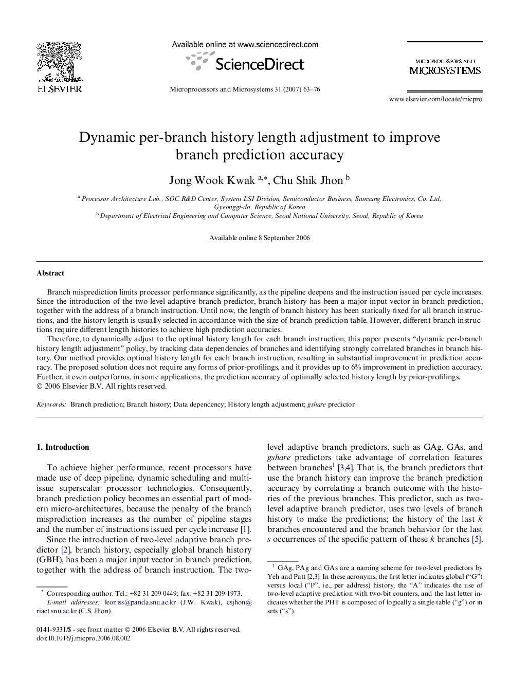 Dynamic per-branch history length adjustment to improve branch prediction accuracy